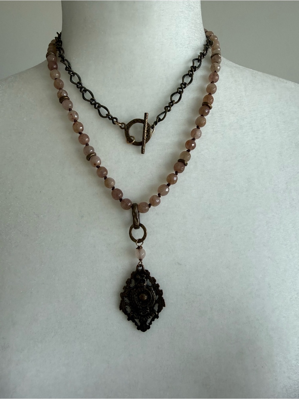 Delicate Pink Beaded Pendant Necklace with Antique Bronze Accent